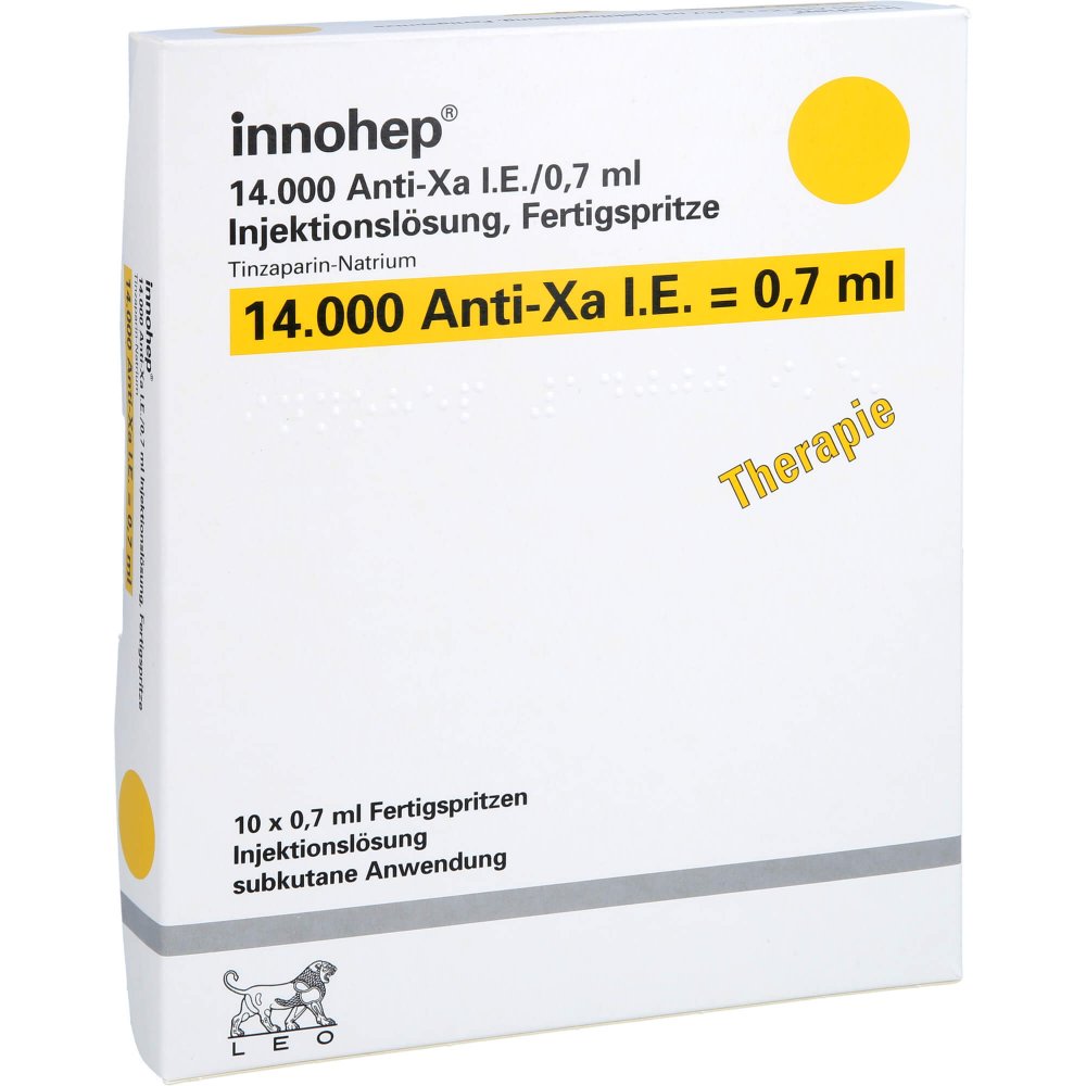 Das Produktfoto zeigt Innohep 14.000 Anti-Xa I.E./0,7ml Inj.-Lsg.I.E.Fs (10 stk) PZN 14022933