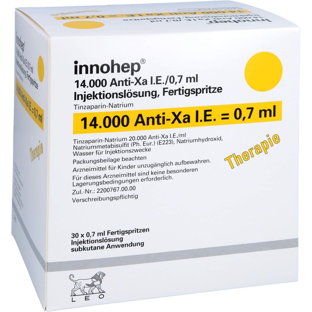 Das Produktfoto zeigt Innohep 14.000 Anti-Xa I.E./0,7ml Inj.-Lsg.I.E.Fs (30 stk) PZN 14022956