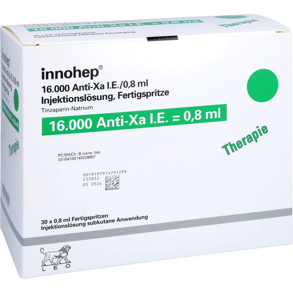 Das Produktfoto zeigt Innohep 16.000 Anti-Xa I.E./0,8ml Inj.-Lsg.I.E.Fs (30 stk) PZN 14022985