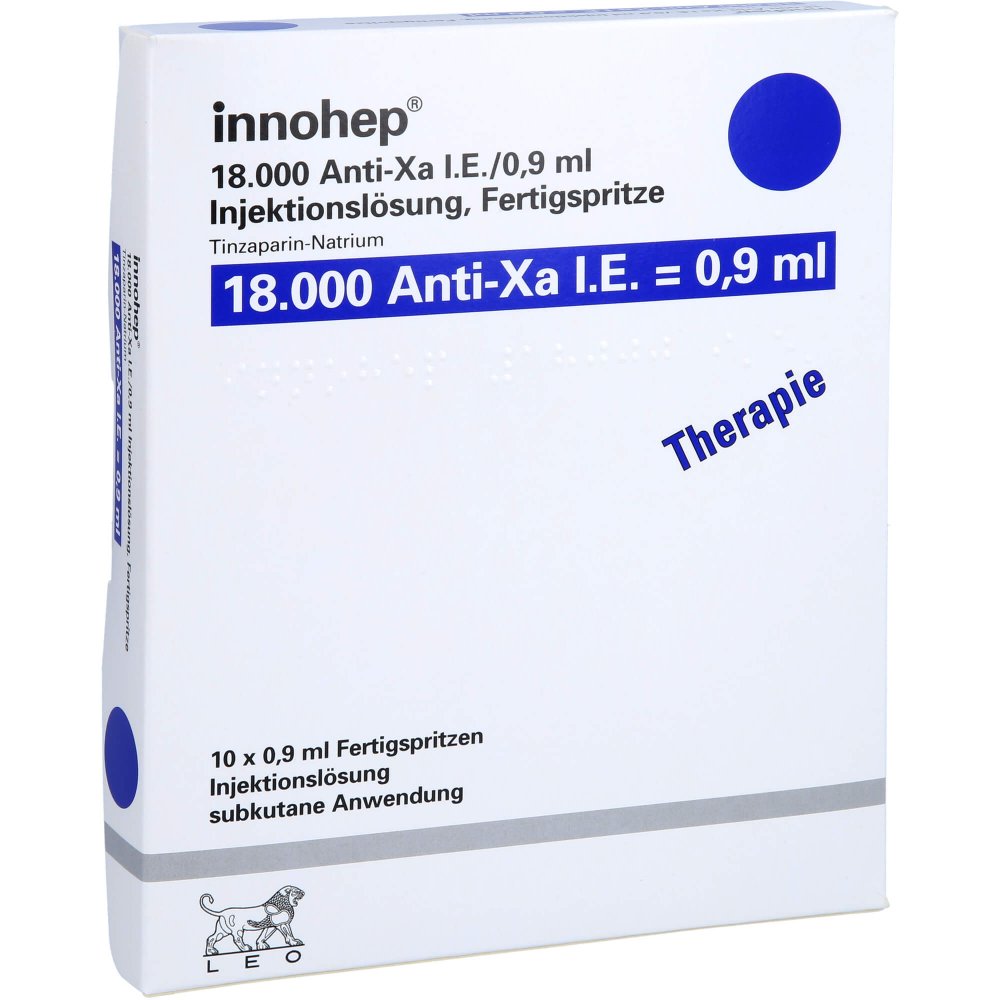 Das Produktfoto zeigt Innohep 18.000 Anti-Xa I.E./0,9ml Inj.-Lsg.I.E.Fs (10 stk) PZN 14023016
