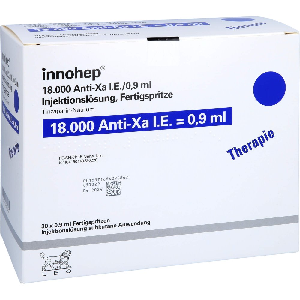 Das Produktfoto zeigt Innohep 18.000 Anti-Xa I.E./0,9ml Inj.-Lsg.I.E.Fs (30 stk) PZN 14023022