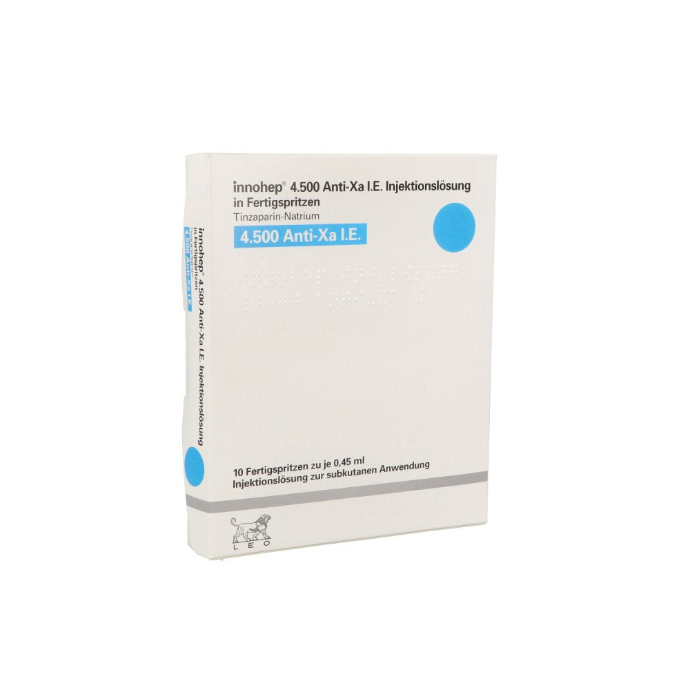 Das Produktfoto zeigt Innohep 4.500 Anti-Xa I.E./0,45ml Inj.-Lsg.I.E.Fs (10 stk) PZN 14026463