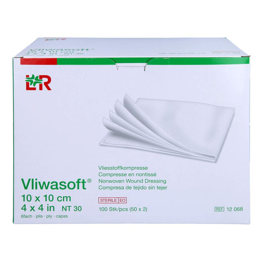 Das Produktfoto zeigt Vliwasoft Vlieskompressen Steril 10x10 Cm 6l. (50X2 stk) PZN 14029680