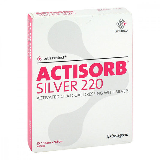 Das Produktfoto zeigt Actisorb 220 Silver 6,5x9,5 Cm Steril Kompressen (10 stk) PZN 14032104