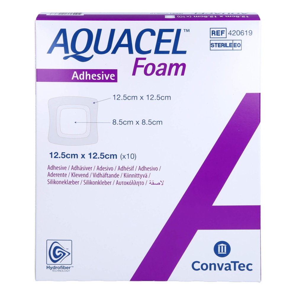 Das Produktfoto zeigt Aquacel Foam Adhäsiv 12,5x12,5 Cm Verband (10 stk) PZN 14032179