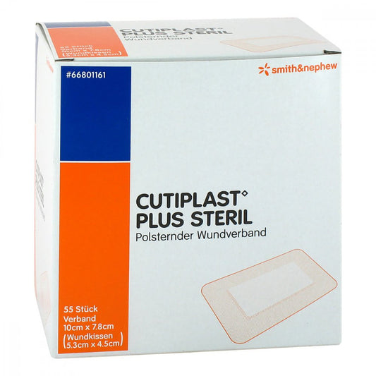 Das Produktfoto zeigt Cutiplast Plus Steril 7,8x10 Cm Verband (55 stk) PZN 14032191