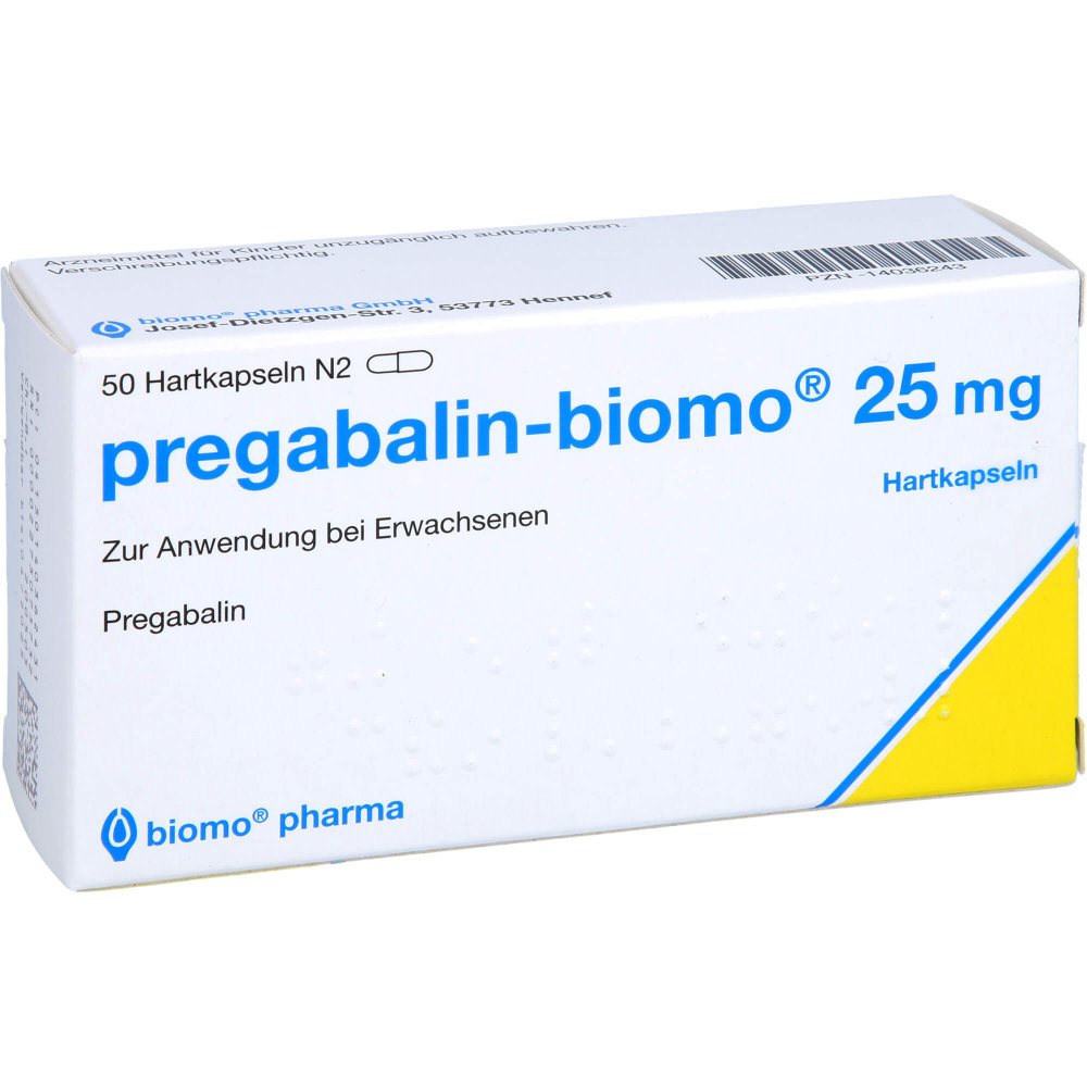 Das Produktfoto zeigt Pregabalin-Biomo 25 Mg Hartkapseln (50 stk) PZN 14036243
