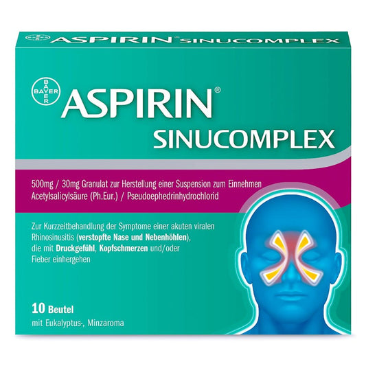 Das Produktfoto zeigt Aspirin Sinucomplex 500mg/30mg Gra.Sus.-Herst.Btl. (10 stk) PZN 14036711