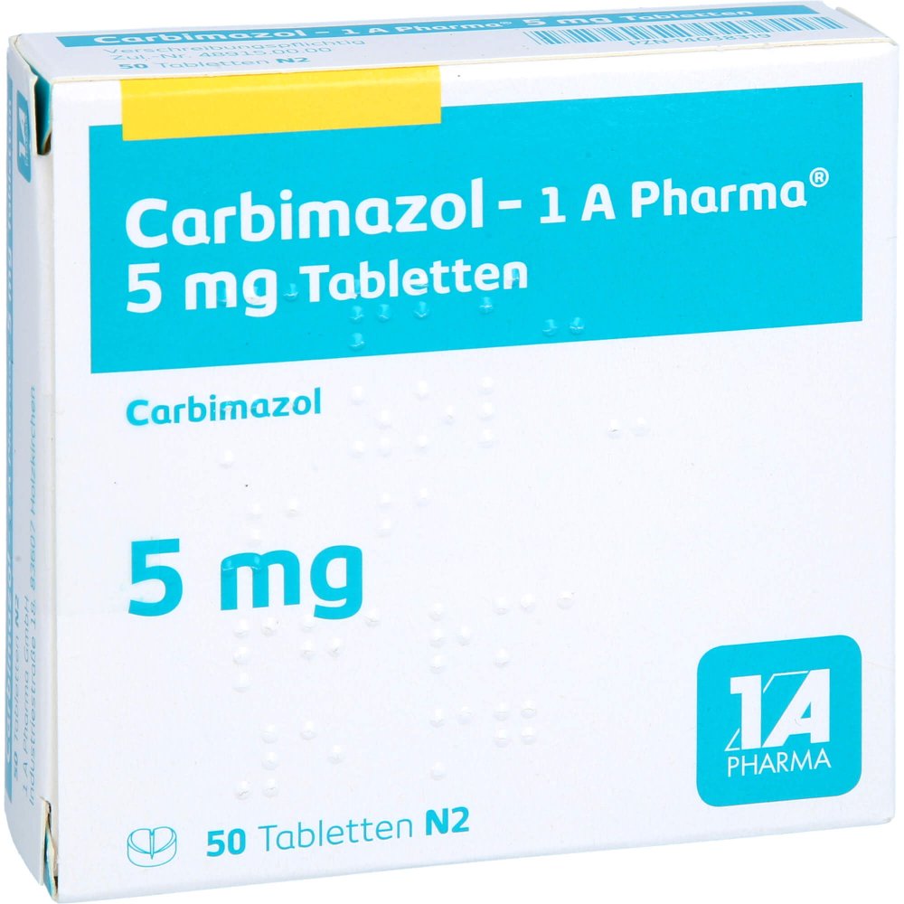 Das Produktfoto zeigt Carbimazol-1a Pharma 5 Mg Tabletten (50 stk) PZN 14038319