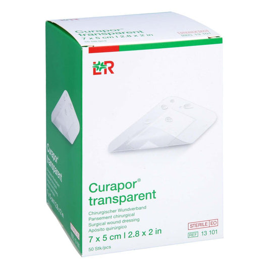 Das Produktfoto zeigt Curapor Wundverband Steril Transparent 5x7 Cm (50 stk) PZN 14039141