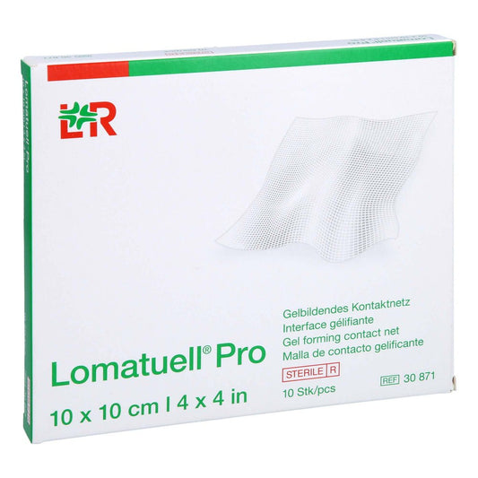 Das Produktfoto zeigt Lomatuell Pro 10x10 Cm Steril (10 stk) PZN 14039187