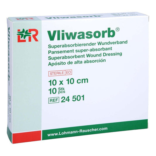 Das Produktfoto zeigt Vliwasorb Superabsorb.Saugkomp.Steril 10x10 Cm (10 stk) PZN 14039299