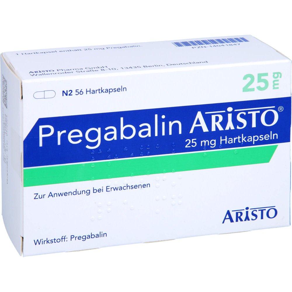 Das Produktfoto zeigt Pregabalin Aristo 25 Mg Hartkapseln (56 stk) PZN 14041847