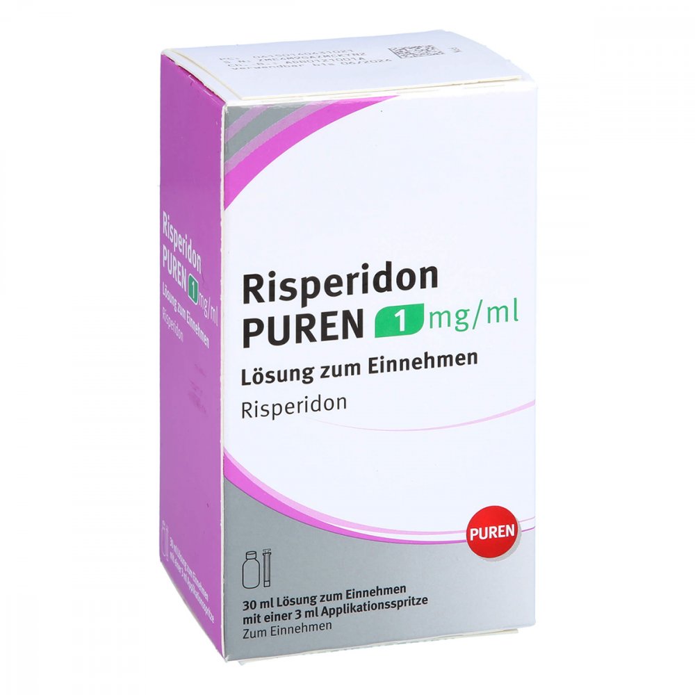 Das Produktfoto zeigt Risperidon Puren 1 Mg/Ml Lösung Zum Einnehmen (30 ml) PZN 14043102