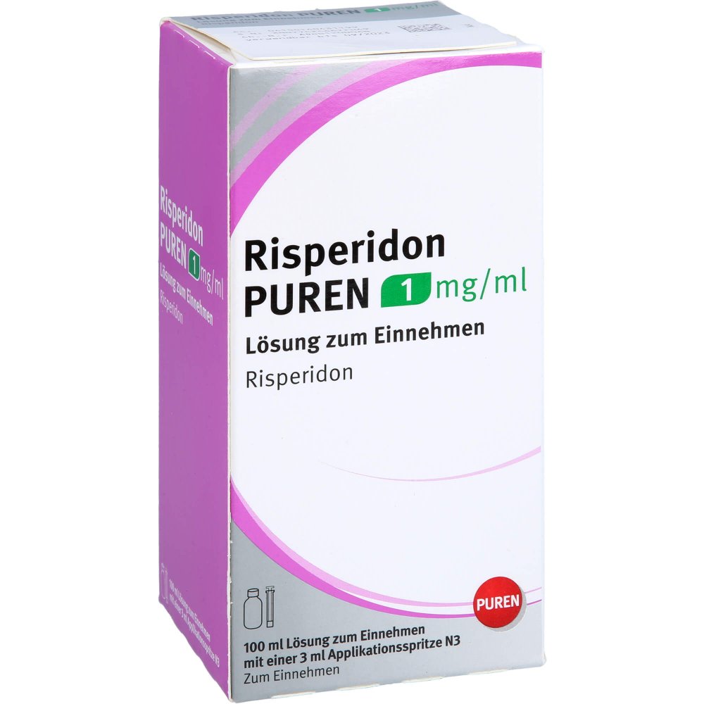 Das Produktfoto zeigt Risperidon Puren 1 Mg/Ml Lösung Zum Einnehmen (100 ml) PZN 14043119