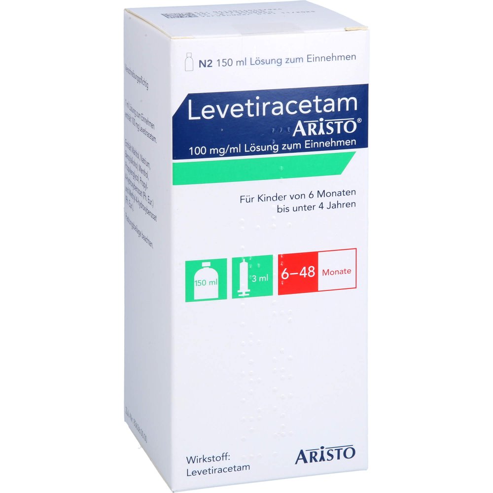 Das Produktfoto zeigt Levetiracetam Aristo 100 Mg/Ml L.Z.E.3ml Dos.Spr. (150 ml) PZN 14043792