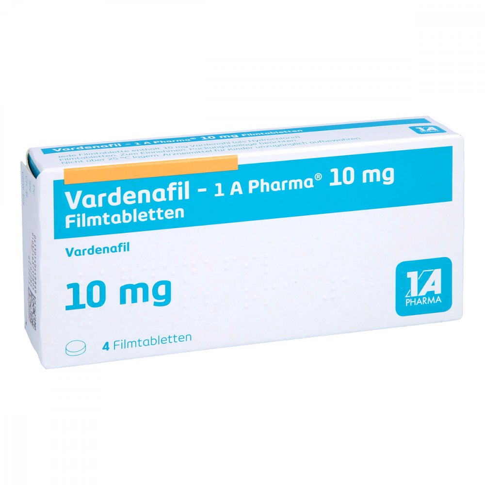 Das Produktfoto zeigt Vardenafil-1a Pharma 10 Mg Filmtabletten (4 stk) PZN 14044886