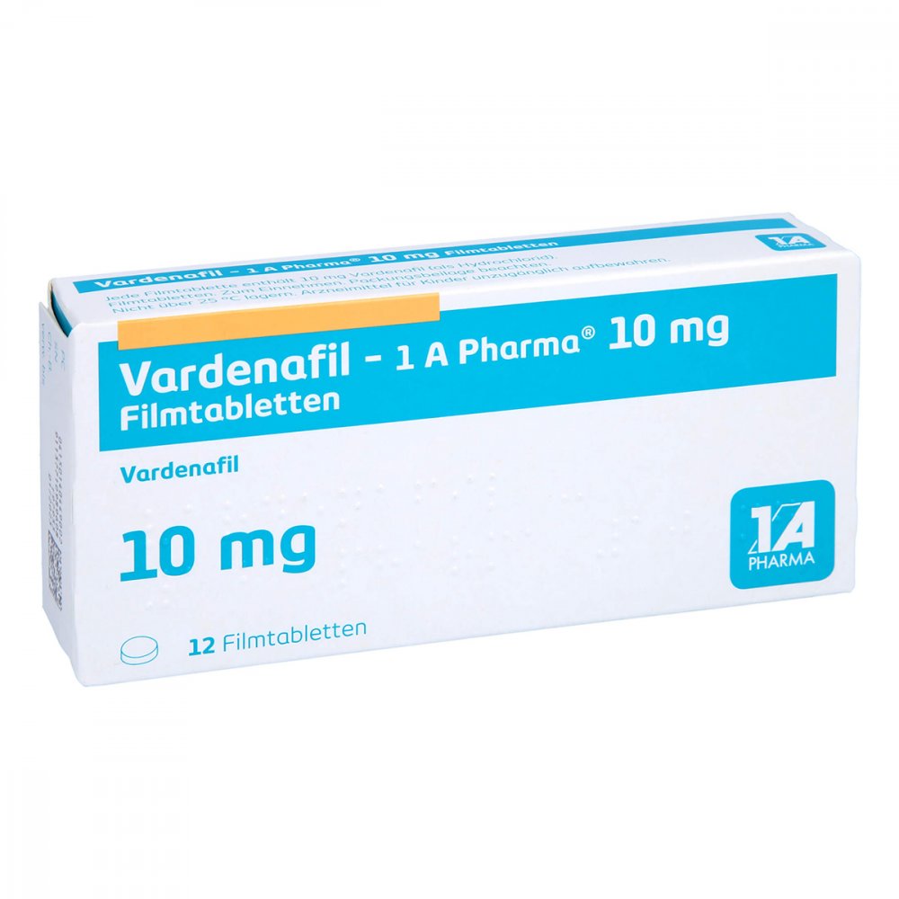 Das Produktfoto zeigt Vardenafil-1a Pharma 10 Mg Filmtabletten (12 stk) PZN 14044900