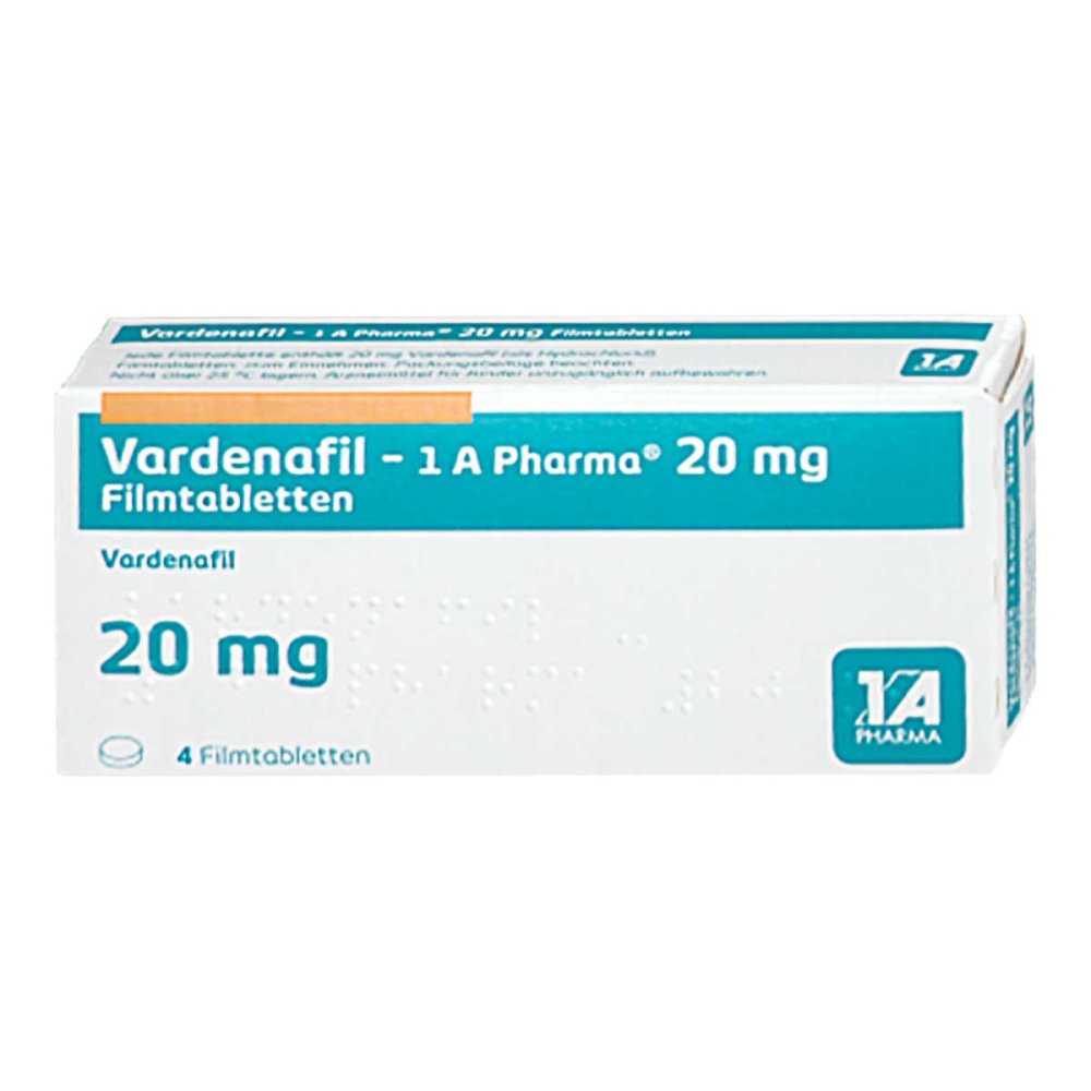 Das Produktfoto zeigt Vardenafil-1a Pharma 20 Mg Filmtabletten (4 stk) PZN 14044917