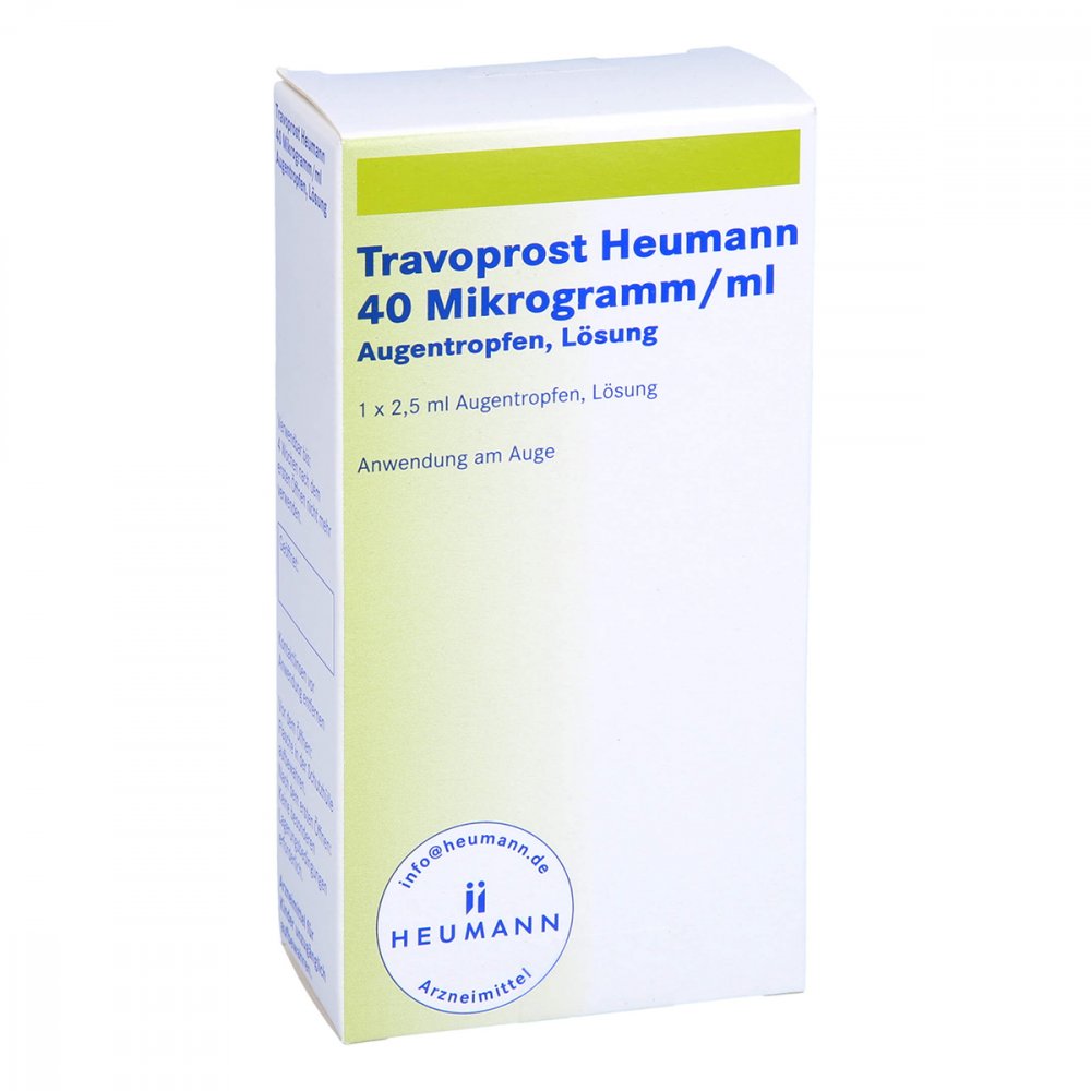Das Produktfoto zeigt Travoprost Heumann 40 Mikrogramm/Ml Augentropfen (2.5 ml) PZN 14053253