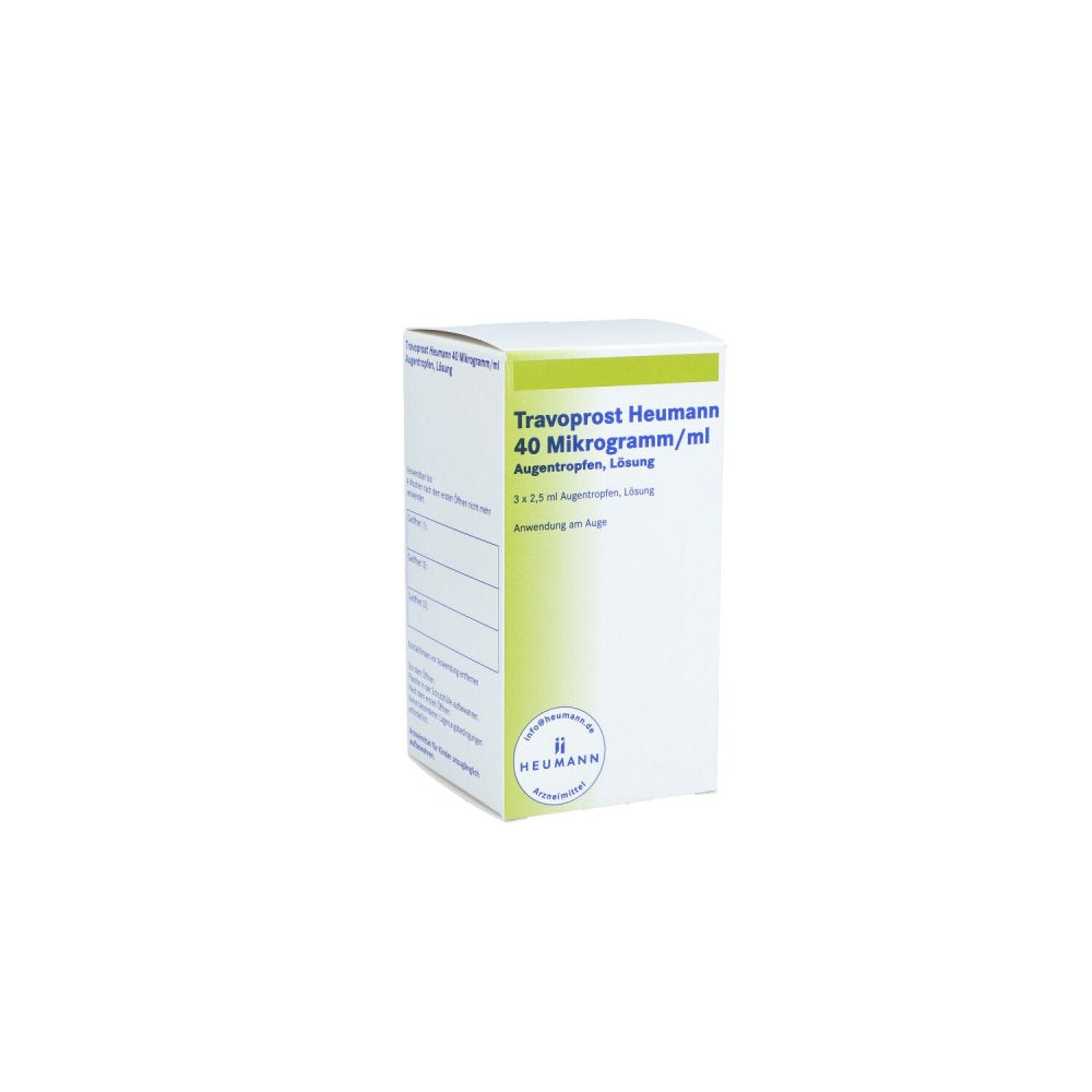 Das Produktfoto zeigt Travoprost Heumann 40 Mikrogramm/Ml Augentropfen (3X2.5 ml) PZN 14053282