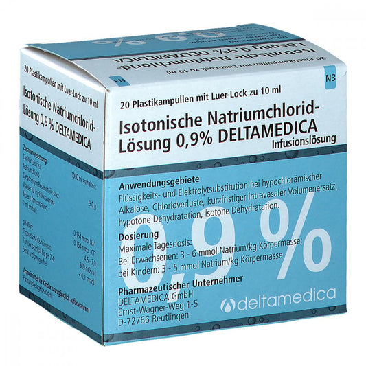 Das Produktfoto zeigt Isotonische Nacl 0,9% Deltam.Inf.L.Luer-Lo.Pl.Amp. (20X10 ml) PZN 14054301