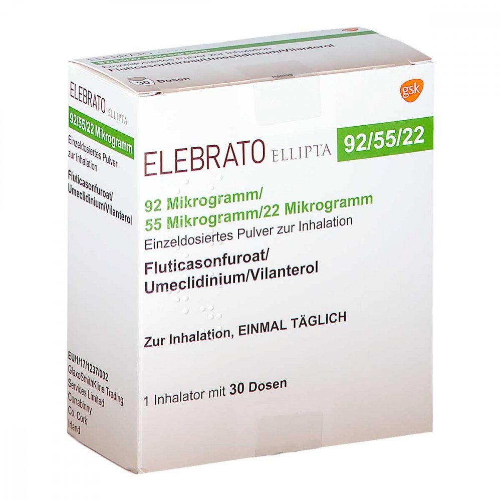 Das Produktfoto zeigt Elebrato Ellipta 92 Μg/55 Μg/22 Μg Ed.P.Z.Inh.30ed (1 stk) PZN 14055938