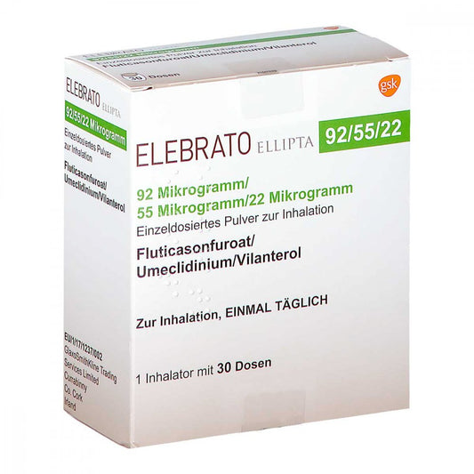 Das Produktfoto zeigt Elebrato Ellipta 92 Μg/55 Μg/22 Μg Ed.P.Z.Inh.30ed (1 stk) PZN 14055938