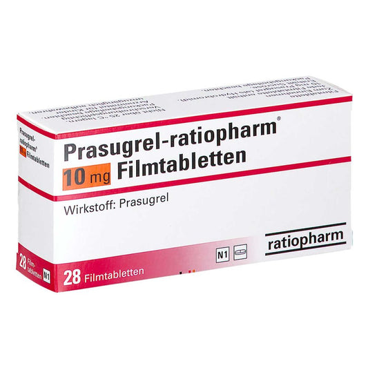 Das Produktfoto zeigt Prasugrel-Ratiopharm 10 Mg Filmtabletten (28 stk) PZN 14058109