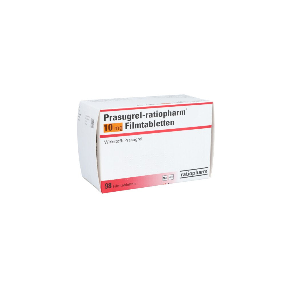 Das Produktfoto zeigt Prasugrel-Ratiopharm 10 Mg Filmtabletten (98 stk) PZN 14058115