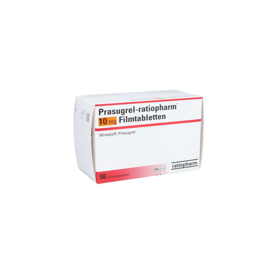 Das Produktfoto zeigt Prasugrel-Ratiopharm 10 Mg Filmtabletten (98 stk) PZN 14058115