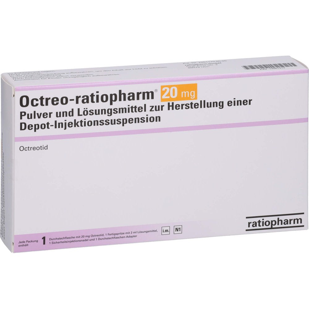 Das Produktfoto zeigt Octreo-Ratioph.20 Mg Plv.U.Lm Z.H.Depot-Inj.Susp. (1 stk) PZN 14061212