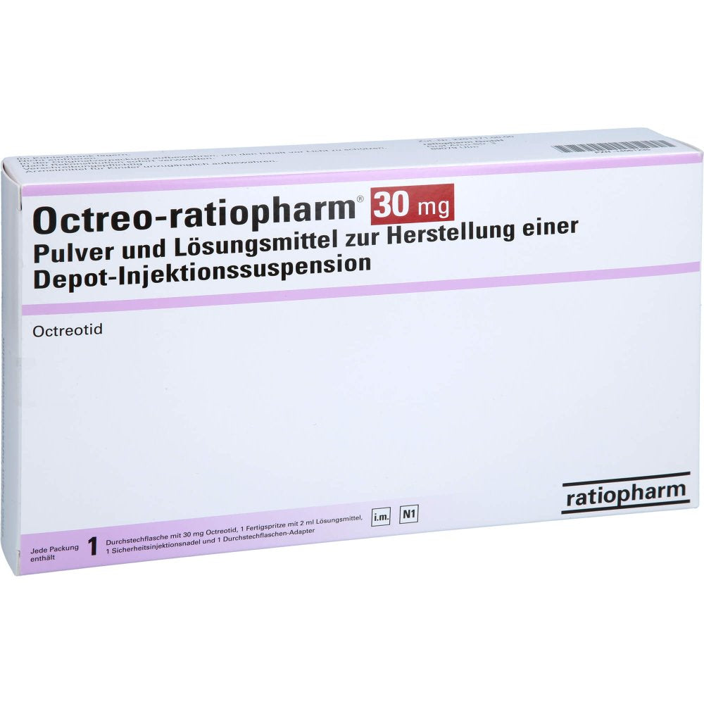 Das Produktfoto zeigt Octreo-Ratioph.30 Mg Plv.U.Lm Z.H.Depot-Inj.Susp. (1 stk) PZN 14061235