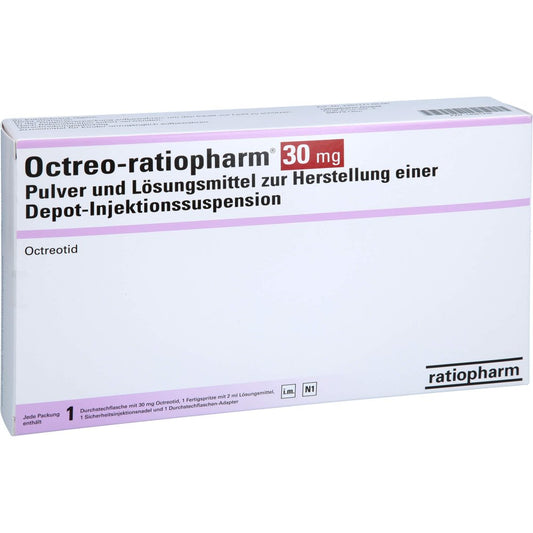 Das Produktfoto zeigt Octreo-Ratioph.30 Mg Plv.U.Lm Z.H.Depot-Inj.Susp. (1 stk) PZN 14061235