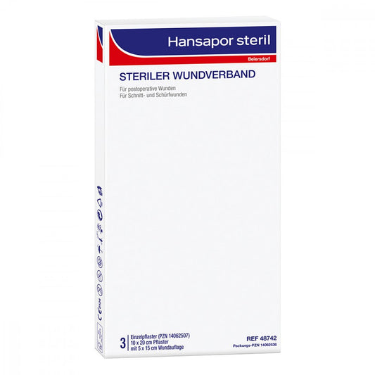 Das Produktfoto zeigt Hansapor Steril Wundverband 10x20 Cm (3 stk) PZN 14062536