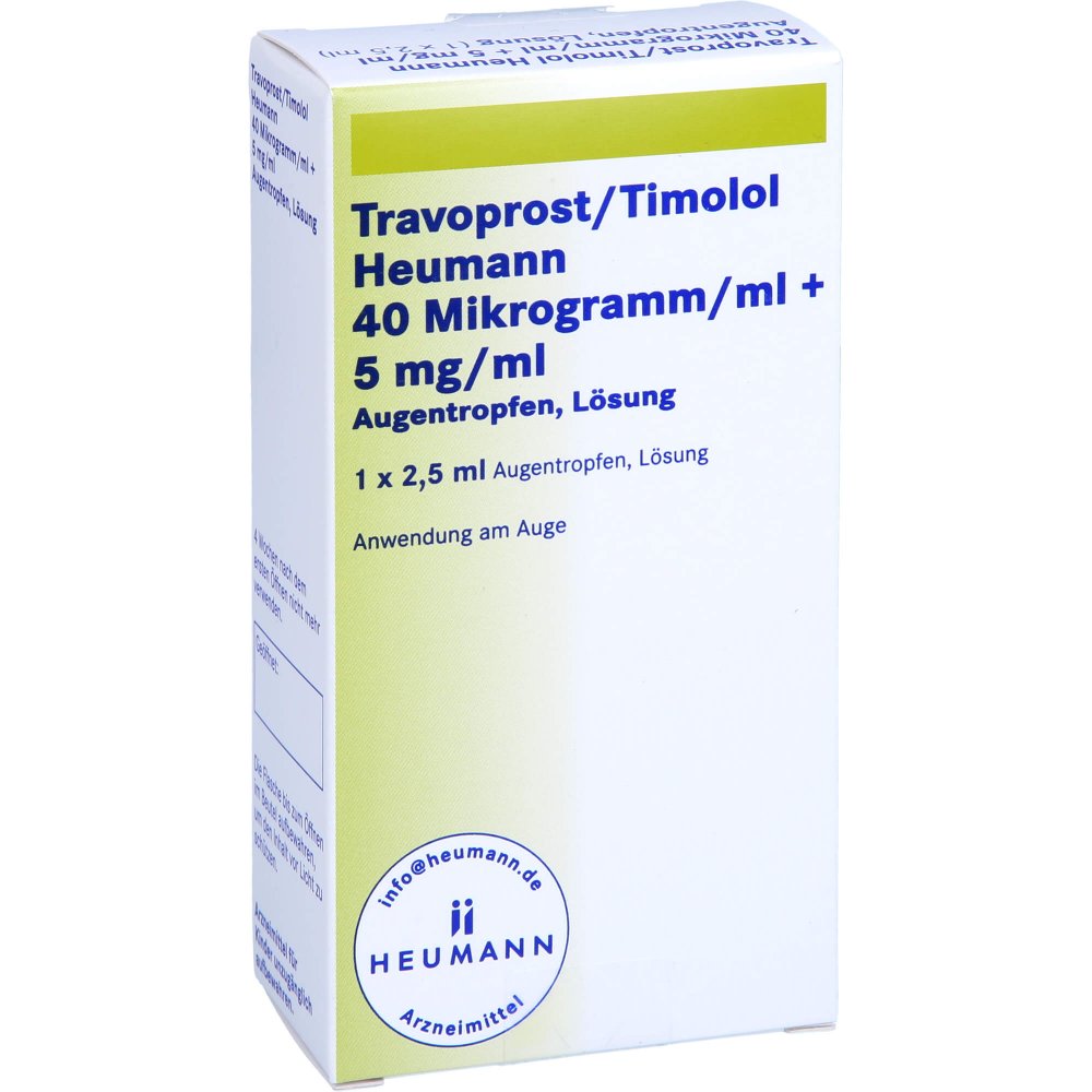 Das Produktfoto zeigt Travoprost/Timolol Heumann 40 Μg/Ml+5 Mg/Ml Atr (2.5 ml) PZN 14063837