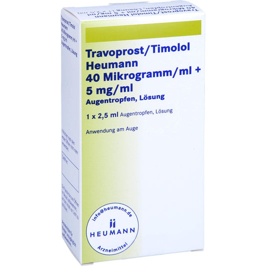 Das Produktfoto zeigt Travoprost/Timolol Heumann 40 Μg/Ml+5 Mg/Ml Atr (2.5 ml) PZN 14063837
