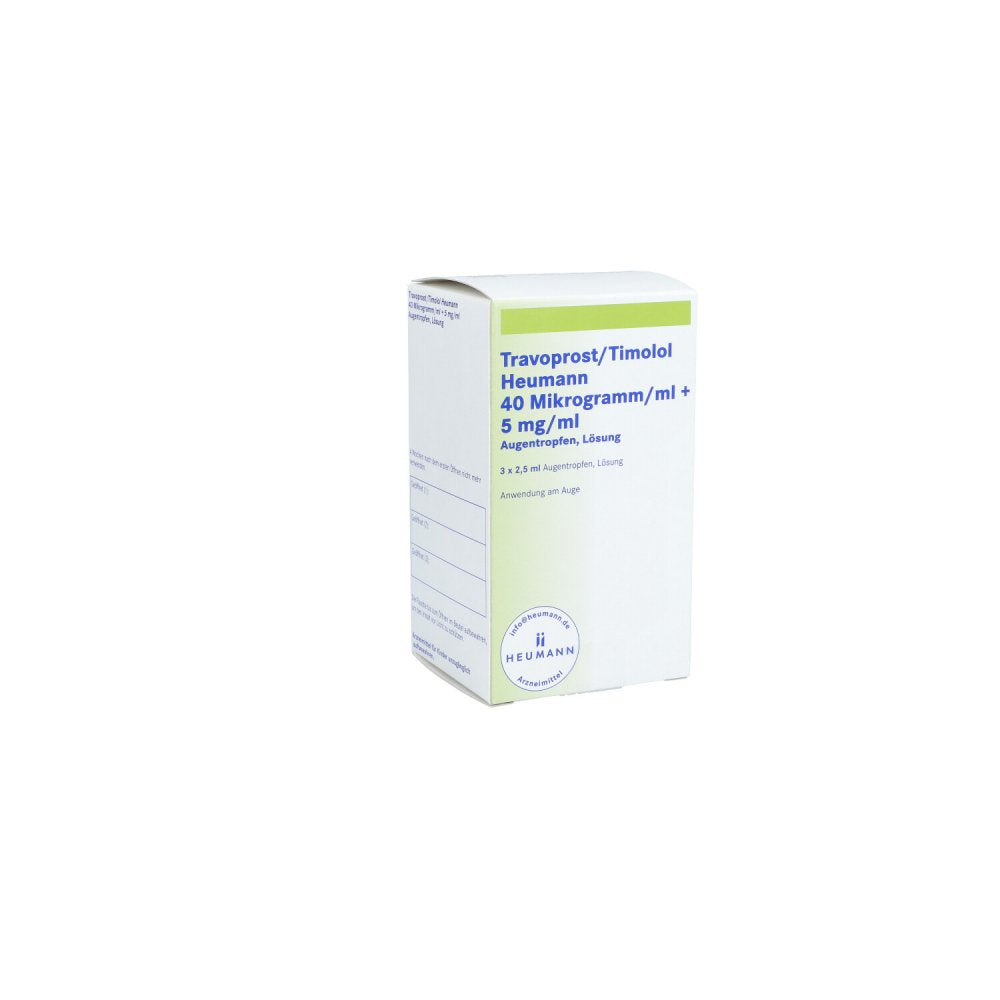 Das Produktfoto zeigt Travoprost/Timolol Heumann 40 Μg/Ml+5 Mg/Ml Atr (3X2.5 ml) PZN 14063843