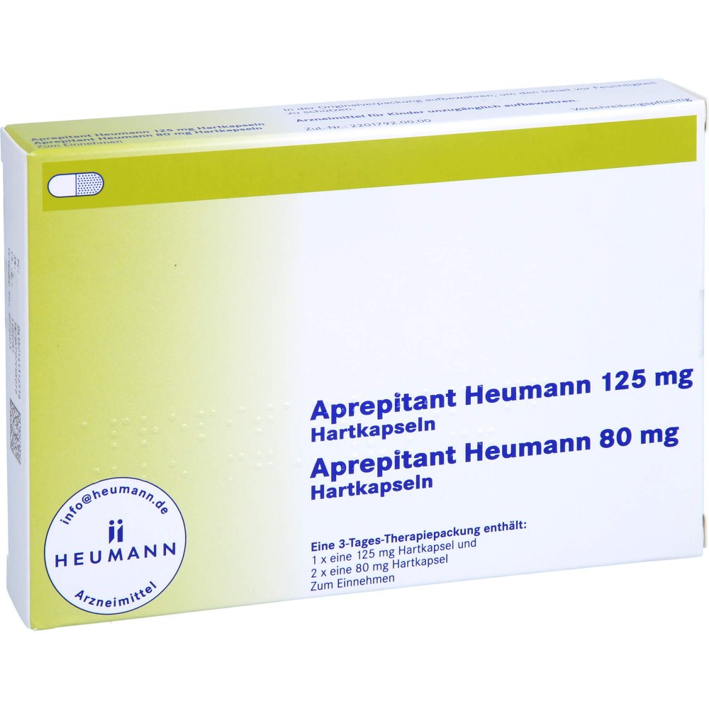 Das Produktfoto zeigt Aprepitant Heumann 125 Mg + 80 Mg Hartkapseln (3 stk) PZN 14131651