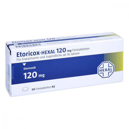 Das Produktfoto zeigt Etoricox-Hexal 120 Mg Filmtabletten (50 stk) PZN 14139753