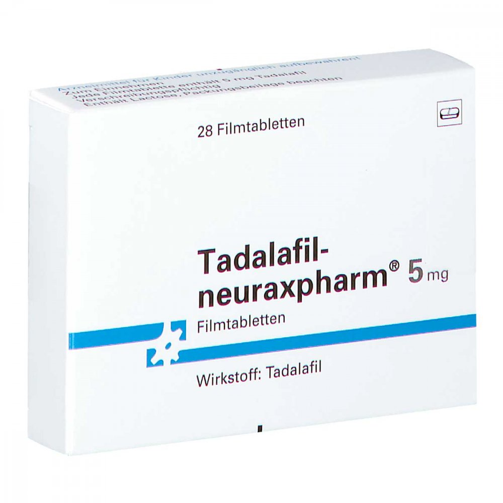 Das Produktfoto zeigt Tadalafil-Neuraxpharm 5 Mg Filmtabletten (28 stk) PZN 14154250