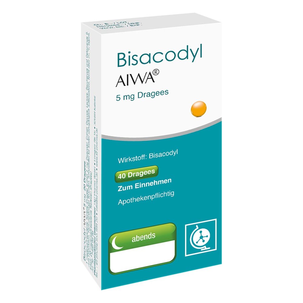 Das Produktfoto zeigt Bisacodyl Aiwa 5 Mg Dragees (40 stk) PZN 14160351