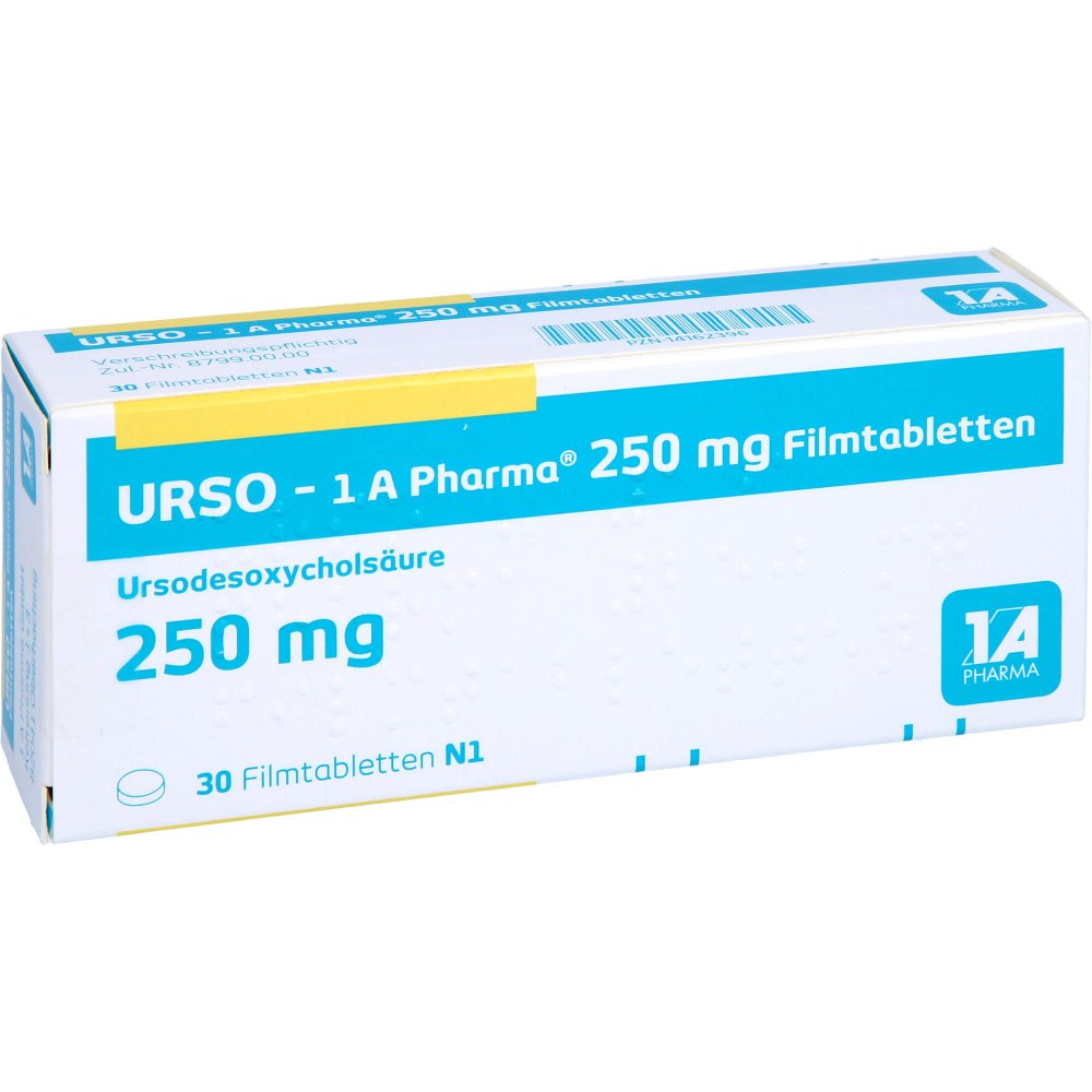 Das Produktfoto zeigt Urso-1a Pharma 250 Mg Filmtabletten (30 stk) PZN 14162396