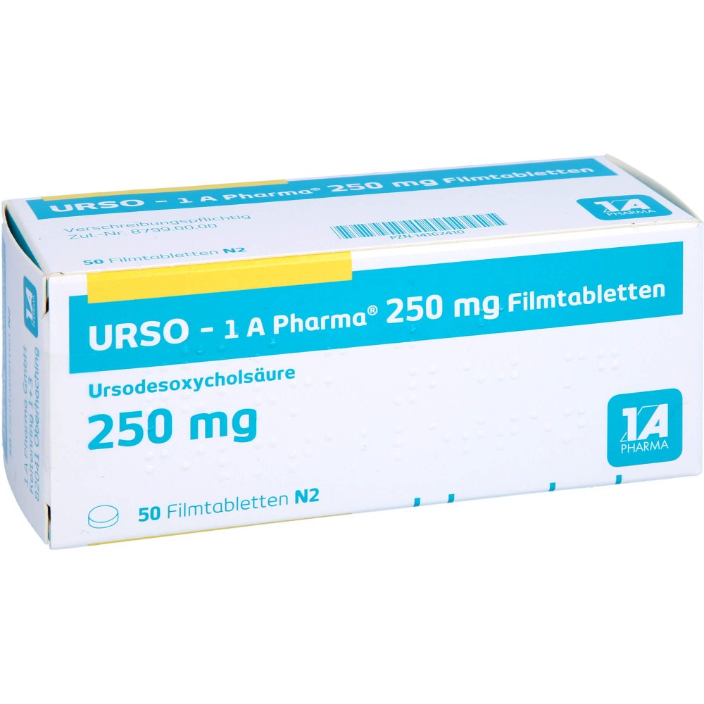Das Produktfoto zeigt Urso-1a Pharma 250 Mg Filmtabletten (50 stk) PZN 14162410