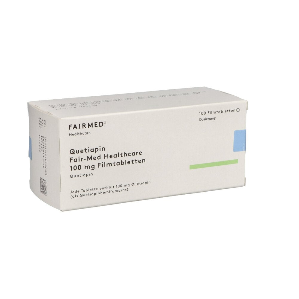 Das Produktfoto zeigt Quetiapin Fair-Med Healthcare 100 Mg Filmtabletten (100 stk) PZN 14167809