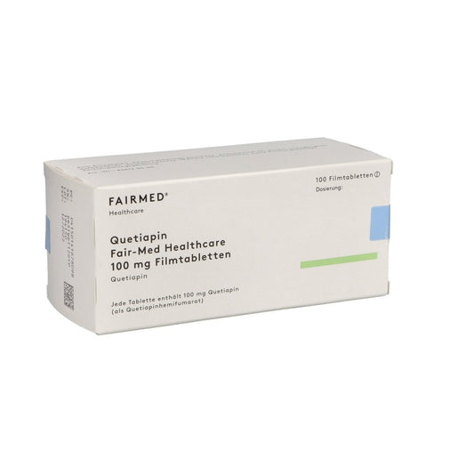 Das Produktfoto zeigt Quetiapin Fair-Med Healthcare 100 Mg Filmtabletten (100 stk) PZN 14167809