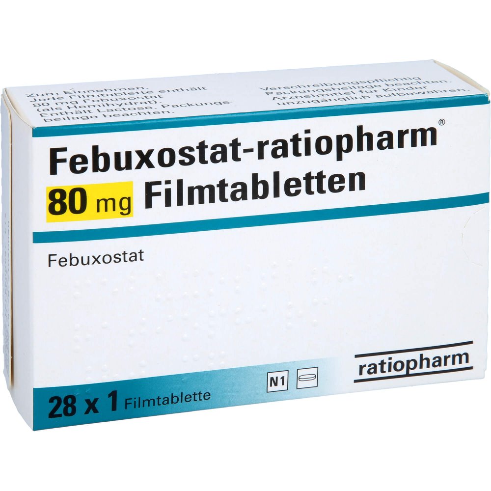 Das Produktfoto zeigt Febuxostat-Ratiopharm 80 Mg Filmtabletten (28 stk) PZN 14168559