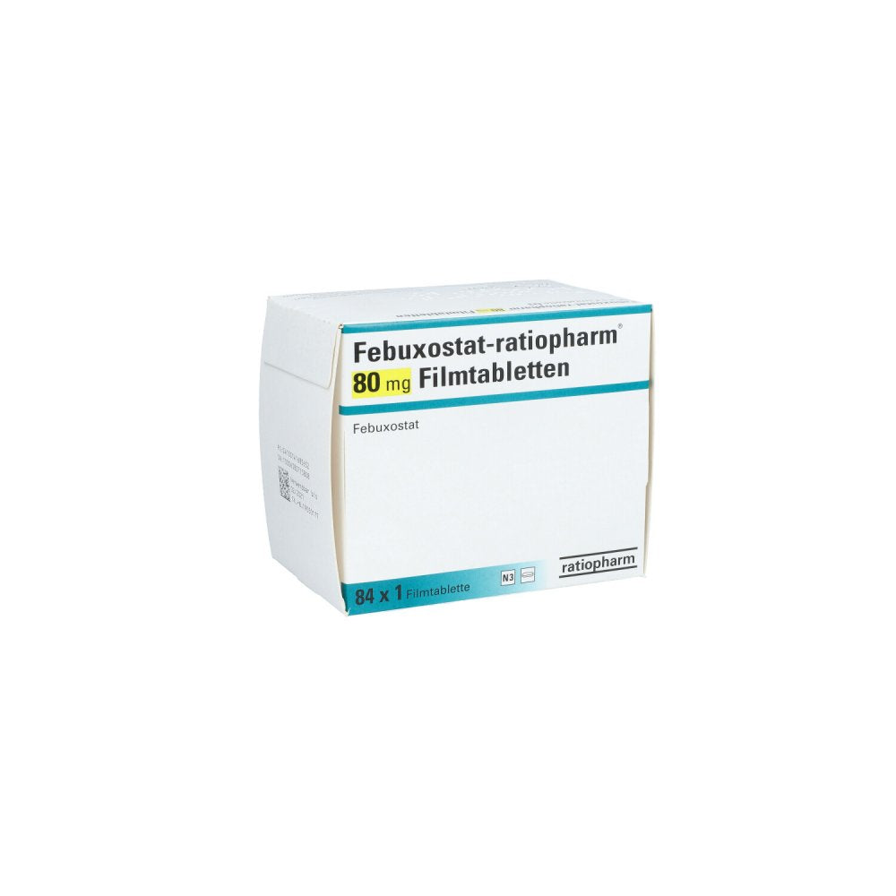 Das Produktfoto zeigt Febuxostat-Ratiopharm 80 Mg Filmtabletten (84 stk) PZN 14168565