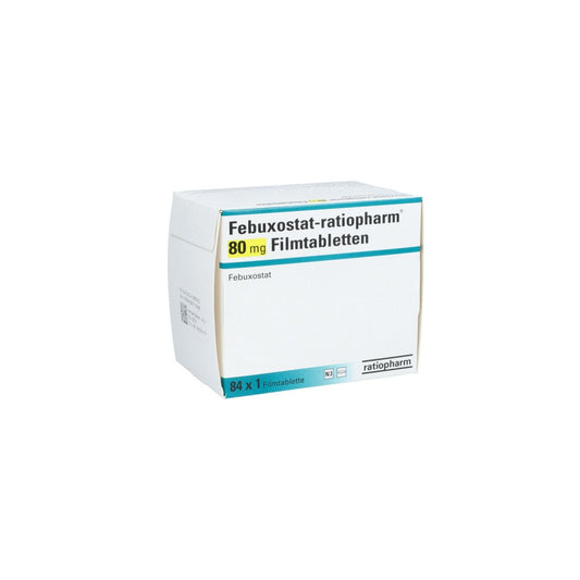 Das Produktfoto zeigt Febuxostat-Ratiopharm 80 Mg Filmtabletten (84 stk) PZN 14168565