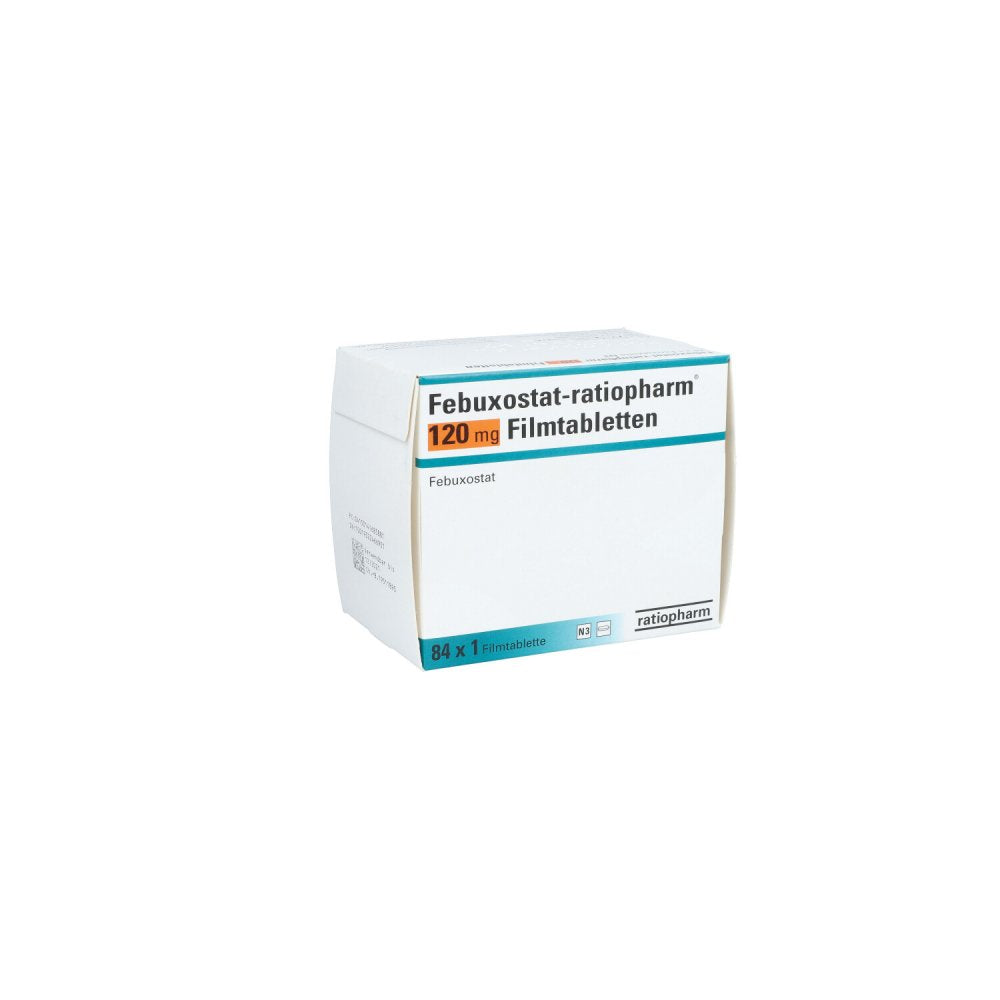 Das Produktfoto zeigt Febuxostat-Ratiopharm 120 Mg Filmtabletten (84 stk) PZN 14168588
